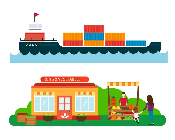 Venditore ambulante con frutta di bancarella e nave cargo trasporto marittimo vettoriale illustrazione . — Vettoriale Stock