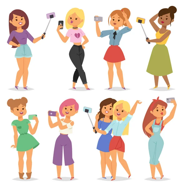 Dibujos animados selfie niñas vector ilustración . — Vector de stock