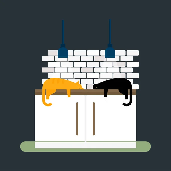 Küche Katzen und Möbel Interieur flachen Stil Vektor Illustration — Stockvektor
