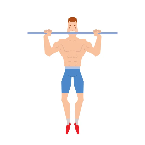 Mann macht körperliche Übungen ziehen. hängend auf dem Balkenvektor. — Stockvektor