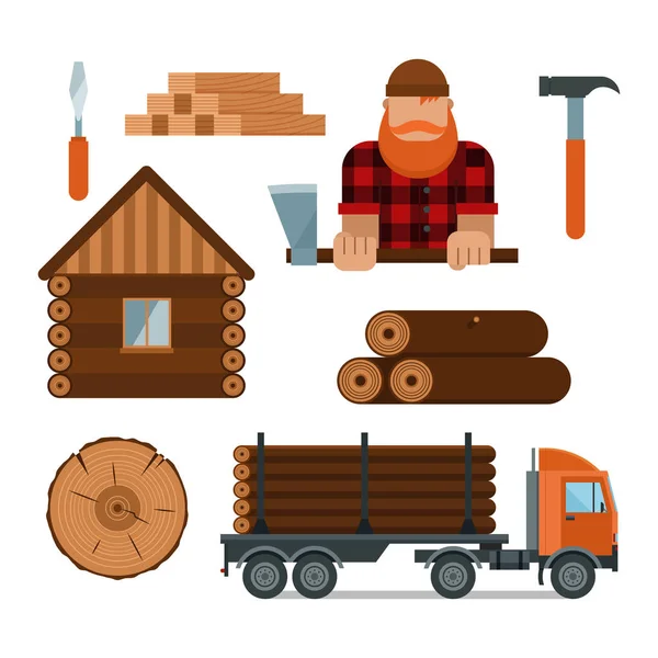 Ferramentas de desenho animado Lumberjack ícones ilustração vetorial — Vetor de Stock