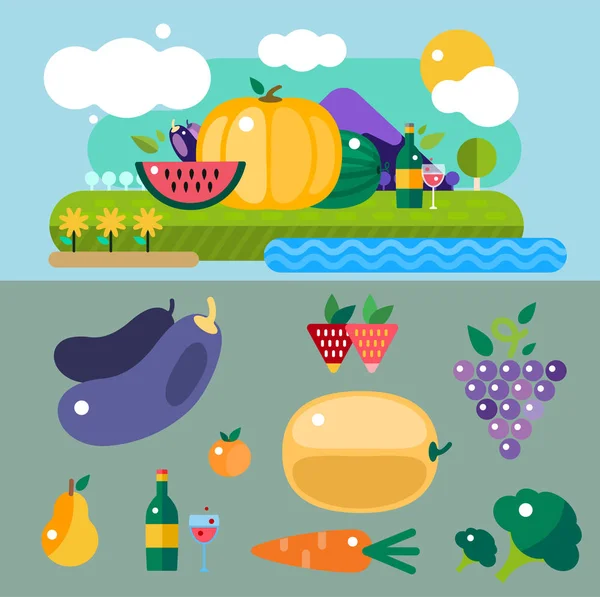 Set von bunten Cartoon Frucht Symbole Vektor Illustration. — Stockvektor