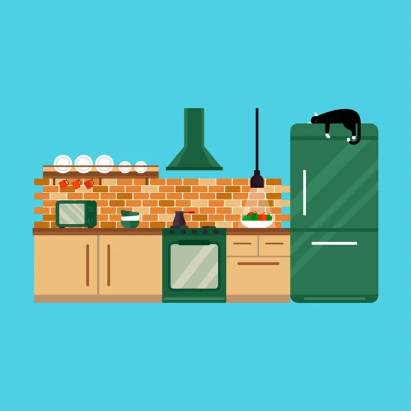 Keuken en meubels interieur vlakke stijl vectorillustratie — Stockvector