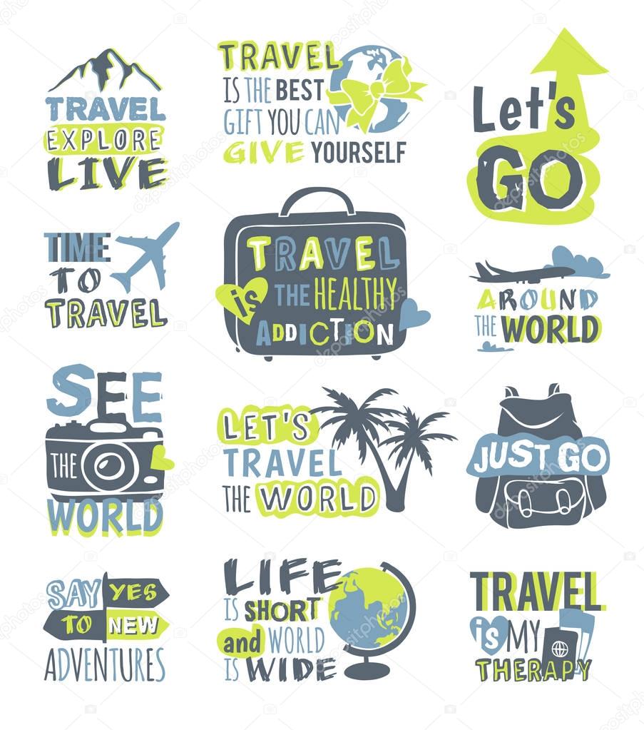 Vintage typography travel motivation bage adventure vector set. Adventure poster emblem travel motivation badge lettering element. Travel motivation badge typography label concept.