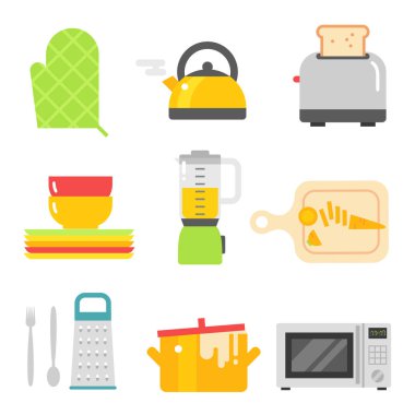 Mutfak yemekleri beyaz arka plan üzerinde izole düz simgeler vektör