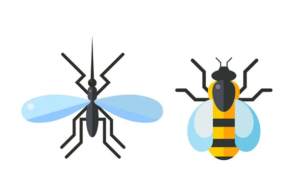 Ícone de mosca e abelha de inseto plana isolada no fundo branco —  Vetores de Stock