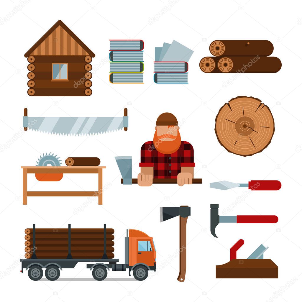 Lumberjack cartoon tools icons vector illustration