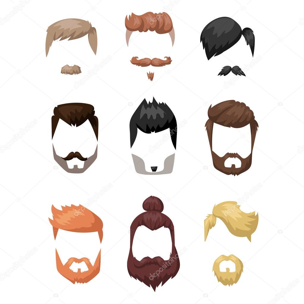 Hairstyle beard and hair face cut mask flat cartoon vector.