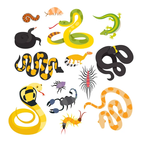 Vector flat snakes and other danger animals. — Stock Vector