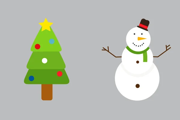 Ilustración vectorial de árbol de Navidad decorado y muñeco de nieve . — Archivo Imágenes Vectoriales