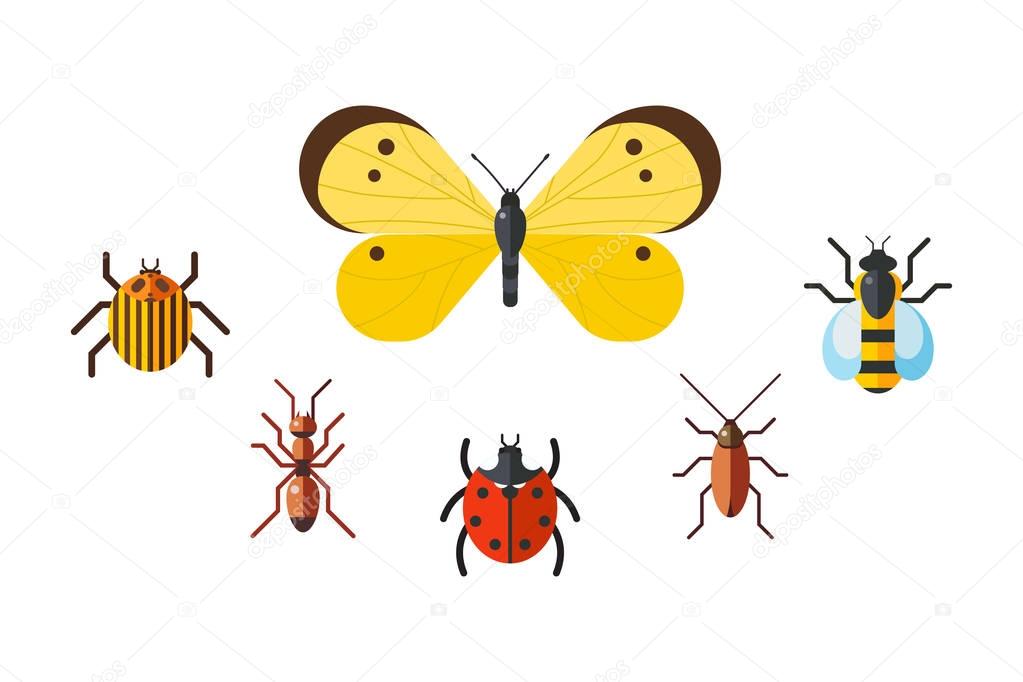 Insect icon flat set isolated on white background