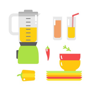 Elektrikli karıştırıcı ve izole dishware vektör çizim.