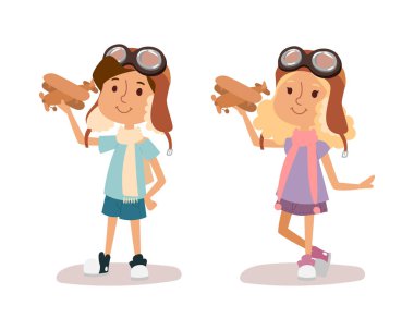 Pilot Havacılık karakteri oynayan karikatür vektör çocuklar.