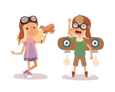 Pilot Havacılık karakteri oynayan karikatür vektör çocuklar.