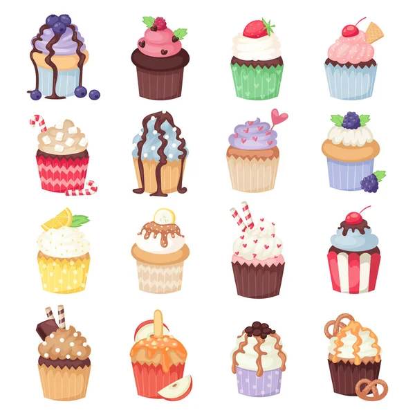 Ensemble de mignons cupcakes vectoriels et muffins isolés sur blanc — Image vectorielle