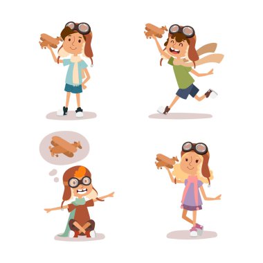 Pilot Havacılık karakteri oynayan karikatür vektör çocuklar.