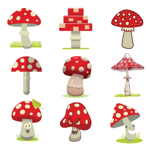 Dibujos animados diferentes tipos de amanita setas vector . — Archivo Imágenes Vectoriales