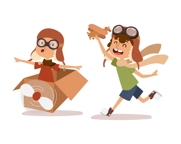 Cartoon vector kids playing pilot aviation character. — Stock Vector