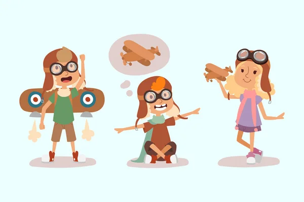 Dibujos animados vector niños jugando piloto personaje de aviación . — Archivo Imágenes Vectoriales