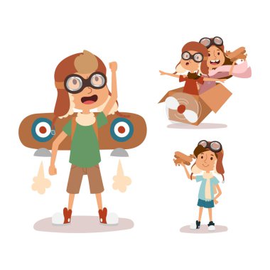 Pilot Havacılık karakteri oynayan karikatür vektör çocuklar.