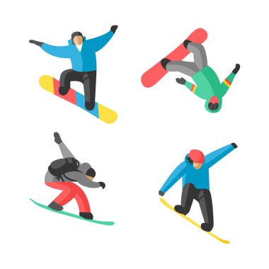 Snowboard farklı poz insanlar vektörde atlamak.