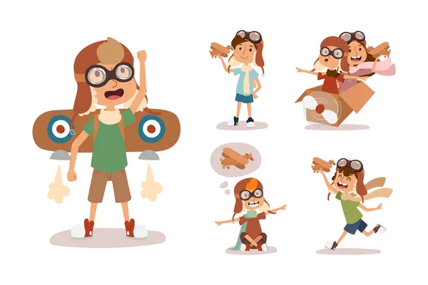 Cartoon vector kids playing pilot aviation character. — Stock Vector