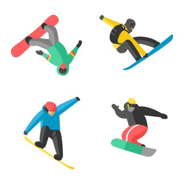 Snowboard farklı poz insanlar vektörde atlamak.