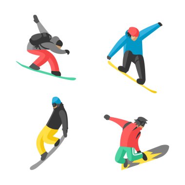 Snowboard farklı poz insanlar vektörde atlamak.
