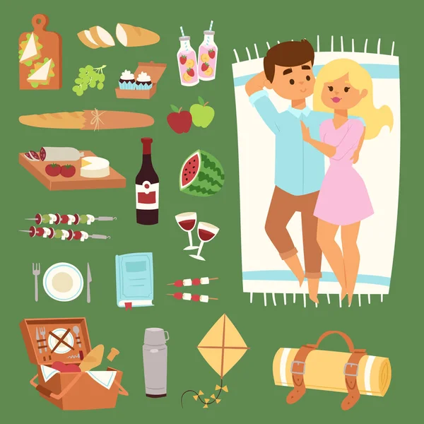 Barbacoa de descanso pareja de picnic y vector de iconos . — Archivo Imágenes Vectoriales