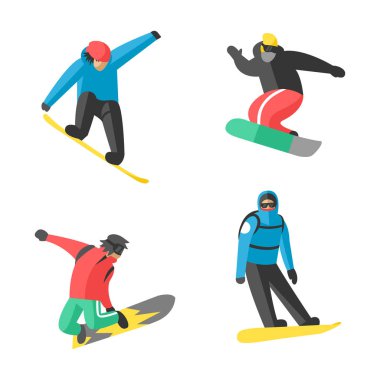 Snowboard farklı poz insanlar vektörde atlamak.