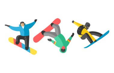 Snowboard farklı poz insanlar vektörde atlamak.
