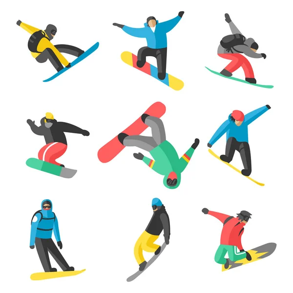 Snowboarder salto en diferentes pose personas vector . — Vector de stock