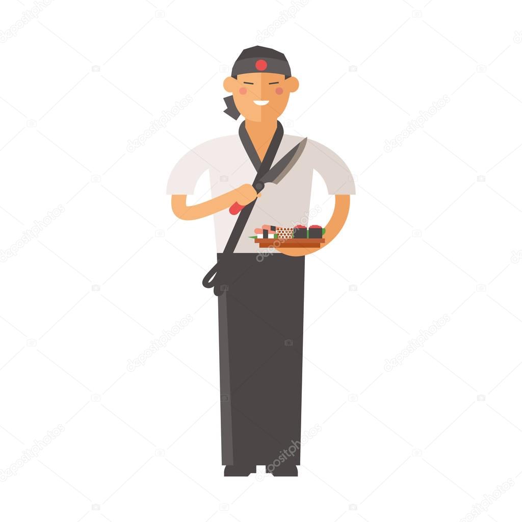 Sushi master young chef decorating delicious character vector.