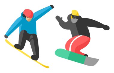 Snowboard farklı poz insanlar vektörde atlamak.