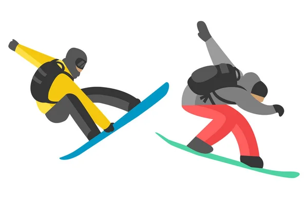 Snowboarder springen in verschillende pose mensen vector. — Stockvector