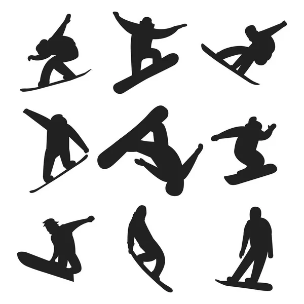 滑雪板跳在不同姿势剪影人矢量. — 图库矢量图片