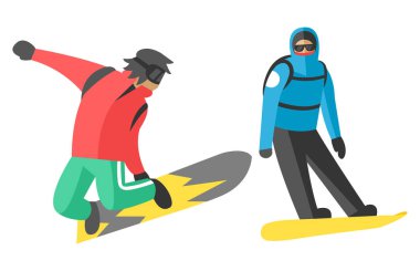 Snowboard farklı poz insanlar vektörde atlamak.