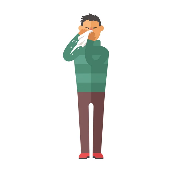Maladie grippe homme se sentant froid et soufflant son nez vecteur illustration . — Image vectorielle