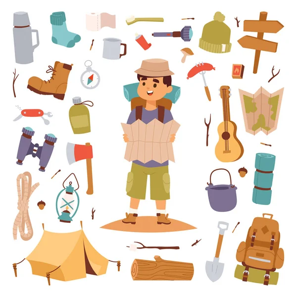 Camping outdoor travel tourist man holding map and vector sticker — Stock Vector