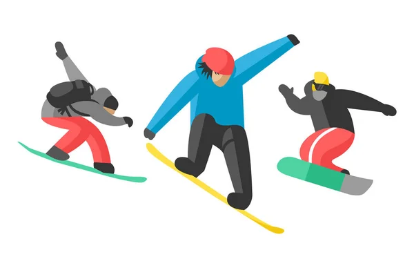 Snowboarder springen in verschillende pose mensen vector. — Stockvector