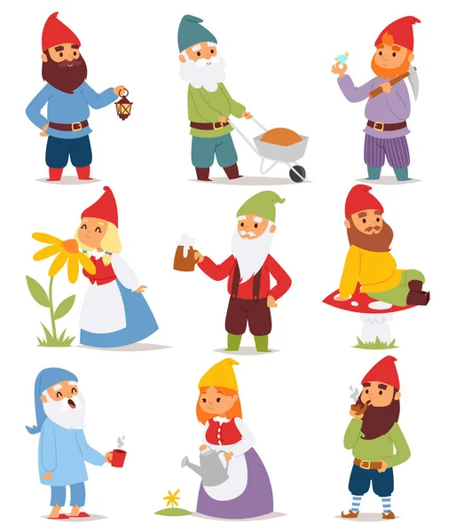 Gnomo jardín conjunto divertido pequeño personaje lindo cuento de hadas enano hombre en la tapa y la historieta vacaciones viejo duende jardinería vector masculino ilustración . — Vector de stock