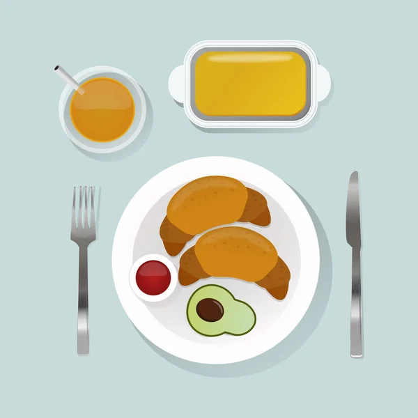 Comida saludable para el desayuno con croissant vista superior vector ilustración . — Vector de stock