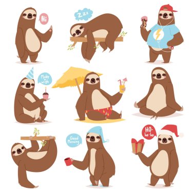 Laziness sloth animal character different pose like human cute lazy cartoon kawaii and slow down wild jungle mammal flat design vector illustration. clipart
