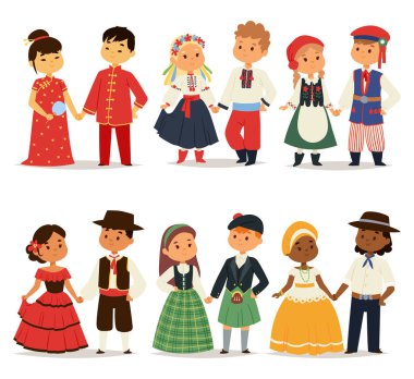 Geleneksel çocuklar çiftler karakter, Dünya elbise kız ve erkek farklı ulusal kostüm ve sevimli küçük çocuklar milliyet elbise vektör çizim.