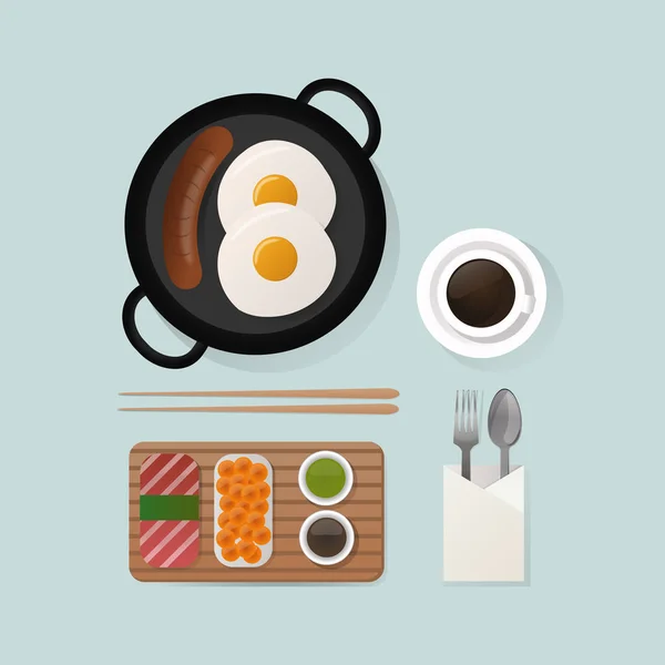 Café da manhã saudável ovos mexidos almoço comida vista superior vetor . — Vetor de Stock