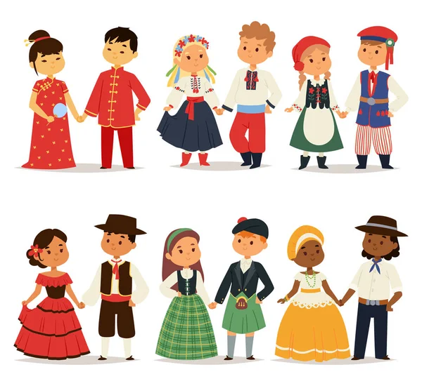 Traditionele kinderen paren karakter van wereld jurk meisjes en jongens in de verschillende nationale kostuums en schattige lieve kinderen nationaliteit jurk vectorillustratie. — Stockvector