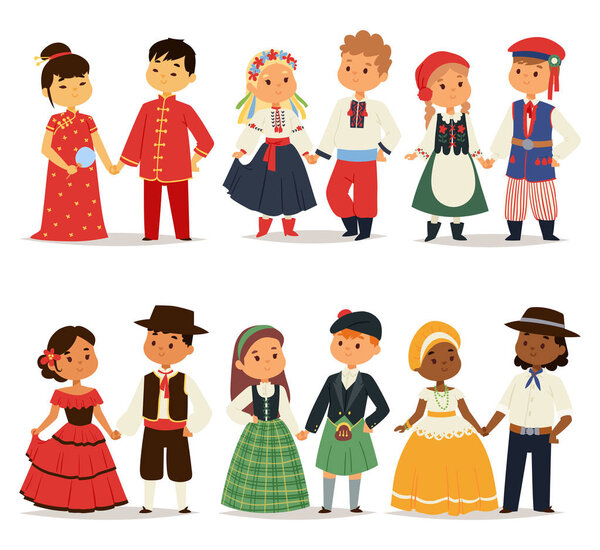 Traditional kids couples character of world dress girls and boys in different national costumes and cute little children nationality dress vector illustration.