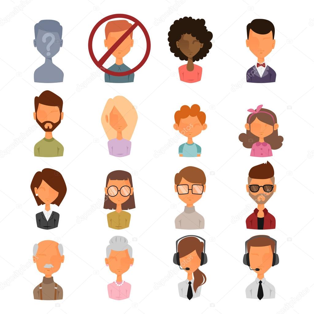 Set of people portrait face icons web avatars flat style vector.