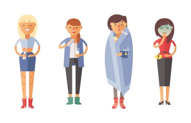 Soğuk hissediyor ve onun burun vektör çizim üfleme hastalık grip insanlar.