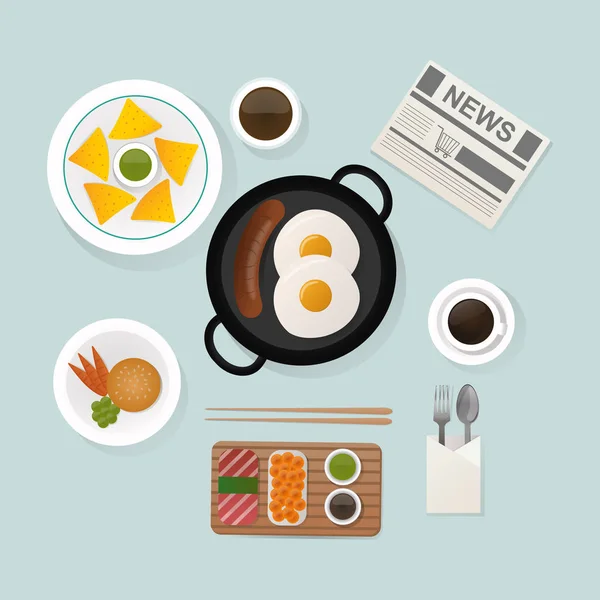 Здоровый завтрак яичницу с обедом питание вектор вид сверху . — стоковый вектор